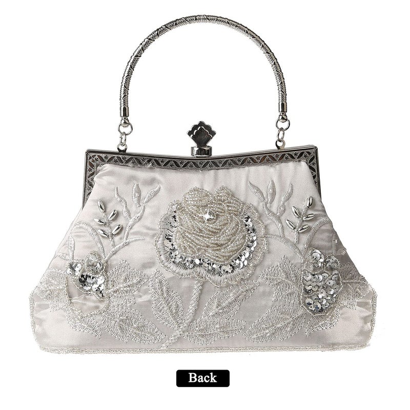 DA BODAN Womens Vintage Floral Beaded Rhinestone Embroidery Clutch Sequin Crossbody Bag Evening Handbag for Bridal Wedding Party Prom - Image 3